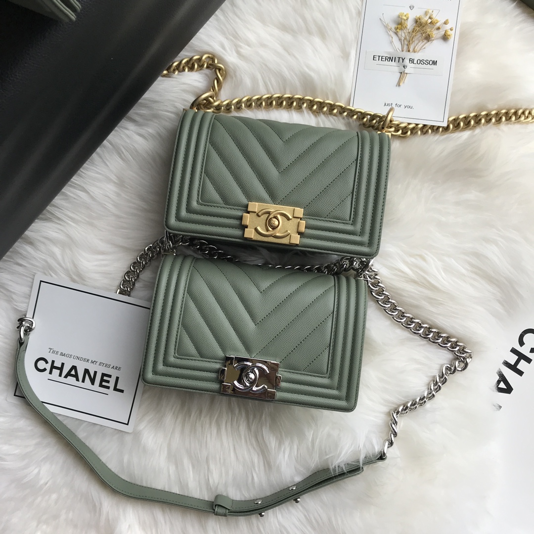 Caviar Small Boy Handbag Flap Bag A67085 Agate Green/Gold